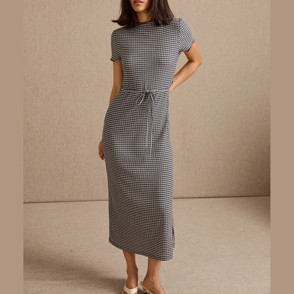 Black and White Checked Textured Tie Waist Short Sleeve Maxi Dress